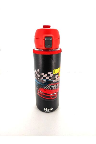 qussine 500ml Blue Black School Water Bottle - Car Water Bottle with Leather Cover and Lock System