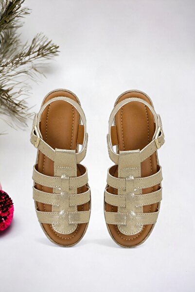 Ponchiq Gold Color Three-Stripes Sandals for Girls