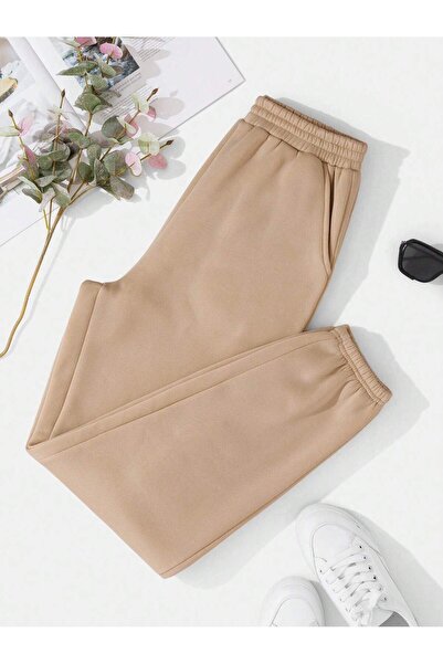 Fun Fashion Beige Women's Jogger Sweatpants - 3 Thread, Straight Elastic Wais...