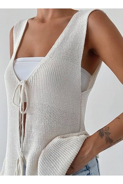 My Blog Long Ecru Knitwear Vest - Sleeveless and Two Laces