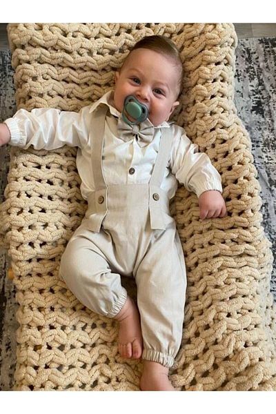 ykr design Beige Harem Long Salopette Shirt Bow Tie Set