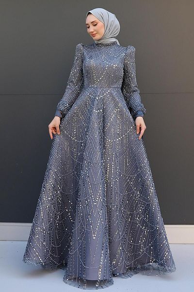 GİZ AGİYİM Gray Hijab Evening Dress - Selver