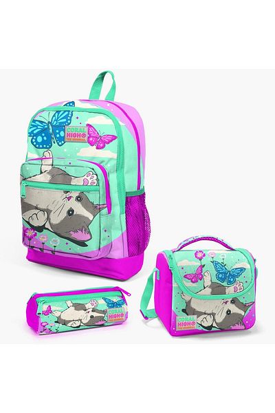 Yaygan Coral High Kids 3-piece Water Green and Pink Cat Patterned School Bag Set - 23707