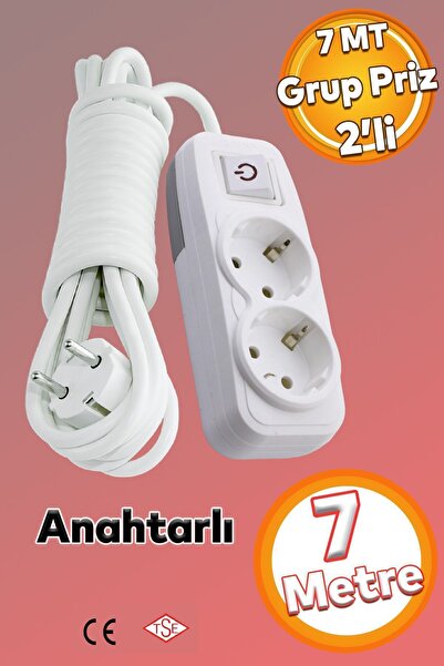 Badem10 2'li Grup Priz (7 METRE) Topraklı Fiş Çoğaltıcı Çoklu Uzatma Kablosu ...