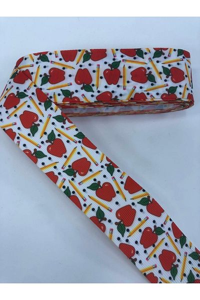 Bontex Red Apple Yellow Pencil Patterned Grosgrain Ribbon