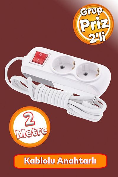 Badem10 2-piece Group Socket - 2 Meter Plug Coupler, Grounded Switched Buttoned Extension Socket