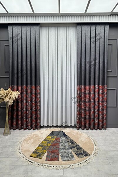 Emes Avşa Desen, Pano Fon Perde,Kırmızı Desenli Siyah Perde (TEK KANAT)