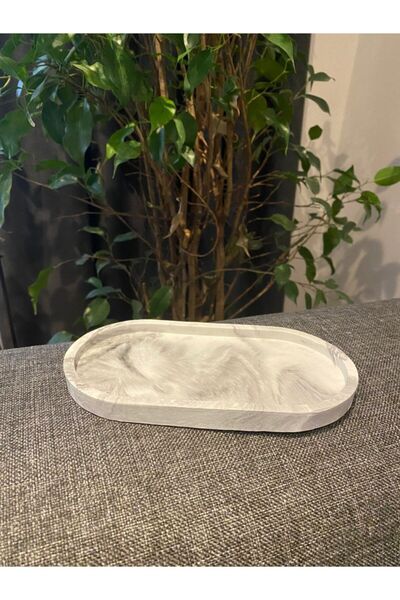 Genel Markalar Beton Tray Mermer Desenli Mum, Takı Ve Saksı Altlığı Oval Teps...