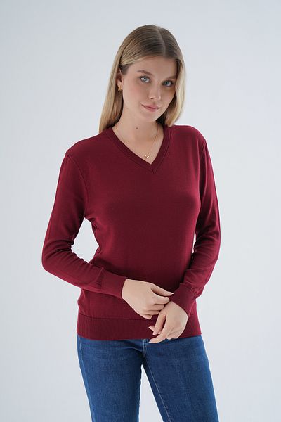 Trist Star Pulover tricot roșu Claret cu decolteu în V - Bluză din bumbac organic 100%.