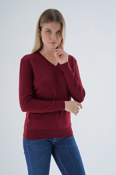 Trist Star Pulover tricot roșu Claret cu decolteu în V - Bluză din bumbac organic 100%.