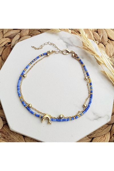 HALHALMILL Blue Beaded Gold Colored Dolphin Dangle Anklet