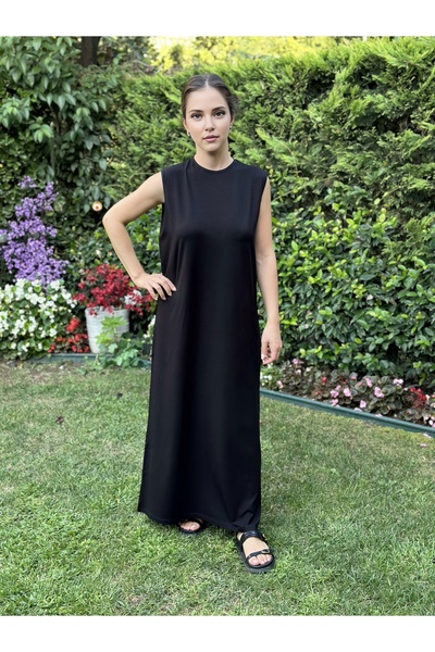 two in sis طاقم الرقبة فستان طويل الملابس الداخلية فستان طاقم الرقبة بلا أكما...