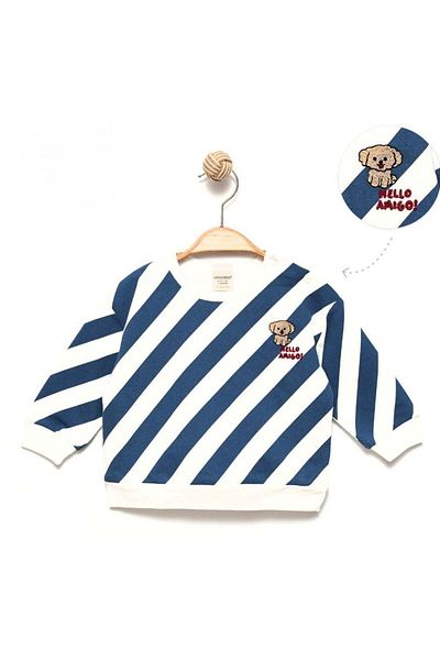 Divonette Long Sleeve Stripe Printed Dog Embroidered Sweat