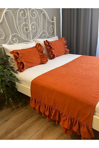 Decamor home Brick Colored Double Layer Ruffle Bed Runner and Inner Padded Throw Pillow