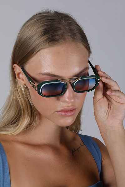 Angel Eyes Green Frame Blue Gradient Glass - Women's Sunglasses, Rectangular Gold Detailed