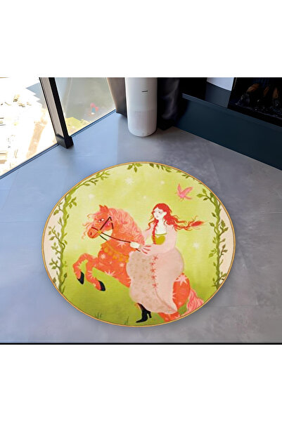 Rugs Modern Halı Green Theme Horse Princess Patterned Round Woven Base Vintag...
