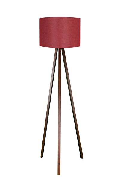 Genel Markalar 3 Ayaklı Lambader Tripod Ayak Üç Ayaklı Abajur Yuvarlak Kumaş Bordo Başlık Kahverengi Ayak