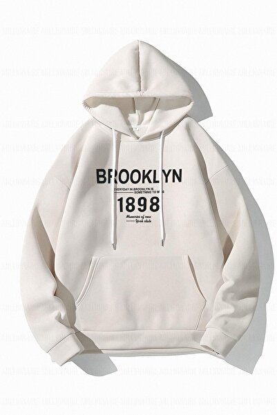 Millionaire Kadın Kırık Beyaz Krem Ekru 1898 Baskılı 3 Iplik Şardonlu Kapüşonlu Oversize Salaş Bol Kesim Hoodie