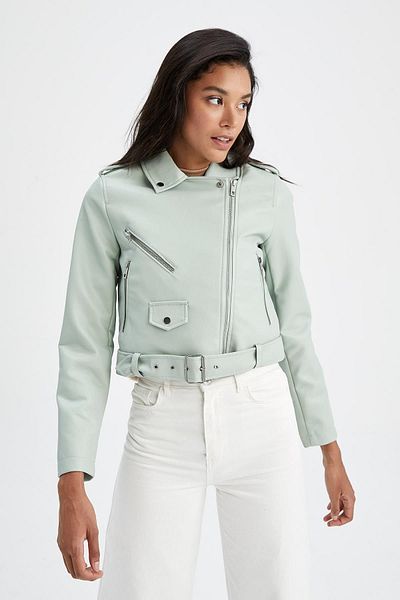 DeFacto Water Repellent Relax Fit Faux Leather Belted Crop Biker Jacket Y7168az23sp