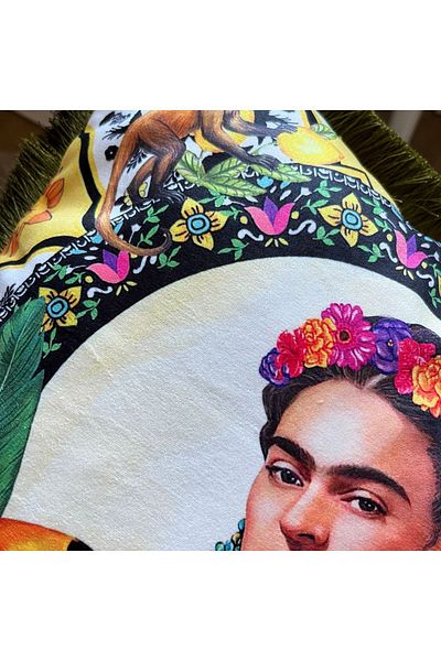 DECO Yellow Background Pattern - Digital Printed Velvet Throw Pillow Cover with Fringed Mexican Women's Portrait