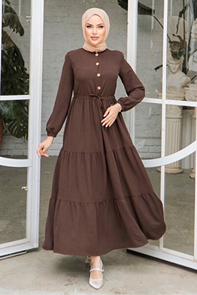 Bestenur Φόρεμα με μισό κουμπί σε καφέ χρώμα Eslem - 1135