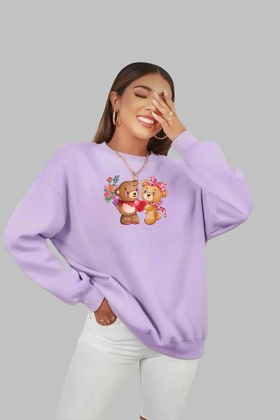 Nyda Collections Teddy Bear Love Printed - Hanorac supradimensionat pentru femei, cu mânecă lungă, fără glugă