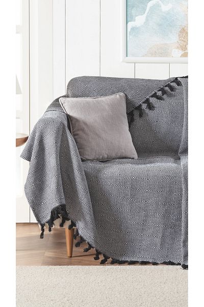 Lux Touch Husă neagră pentru canapea pentru frunte - 170 x 210 cm Husă pentru canapea extensibilă, șal din bumbac cu smocuri
