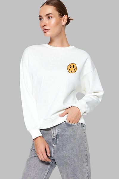 Nyda Collections Hanorac oversize unisex din bumbac - mânecă lungă, imprimeu cu fața zâmbitoare, decolteu, fără glugă