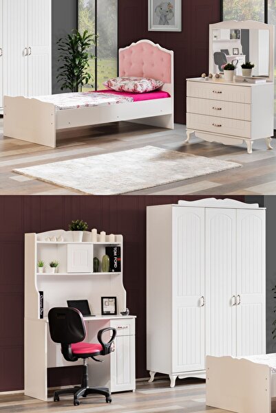 Setay Su Beyaz Genç Odası - 3 Kapaklı Dolap, Karyola, Masa , Şifonyer