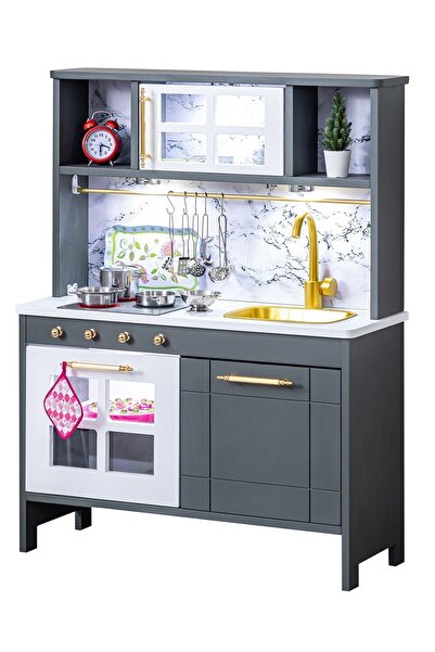 Setay Ahşap Oyuncak Mutfak Seti, Eğitici Montessori Mutfak Oyuncak Seti Bulaşık Makinalı Antrasit