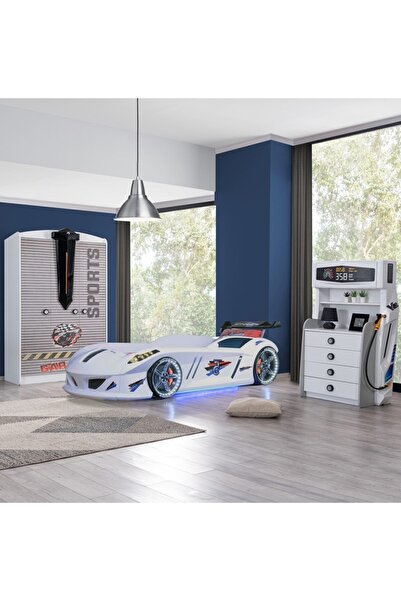 Setay Çocuk Odası - Jaguar Rüzgarlıklı Arabalı Yatak, Sports 3 Kapılı Dolap, Şifonyer - Beyaz