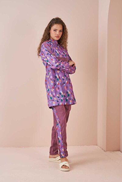 Mevra Costum de baie Hijab cu model buline Liliac scurt