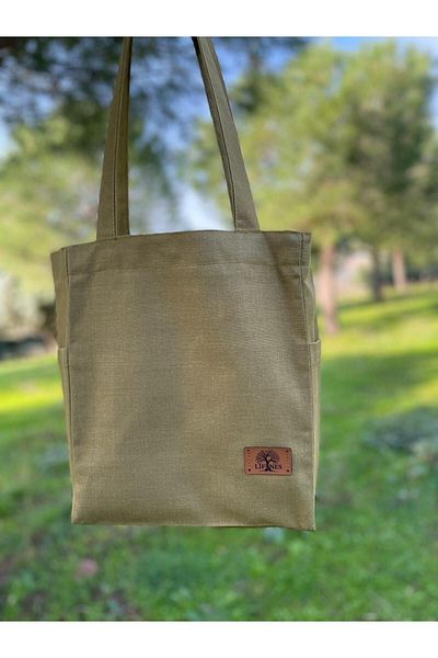 LİFENES Khaki Green Water Repellent Dak Fabric Tote Bag with Snap Fastener Bellows Pockets |
