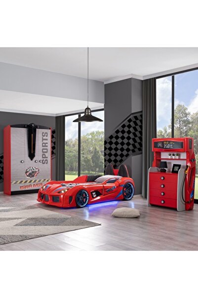 Setay Çocuk Odası - Audi Koltuklu Arabalı Yatak - Sport 3 Kapılı Dolap, Şifonyer - Kırmızı
