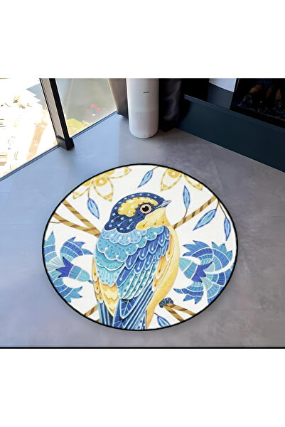 Rugs Modern Halı Blue Yellow Themed Swallow Patterned Round Woven Base Vintag...