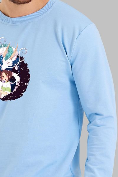 Nyda Collections Hanorac oversize din bumbac unisex cu imprimeu anime - mânecă lungă, decolteu, fără glugă