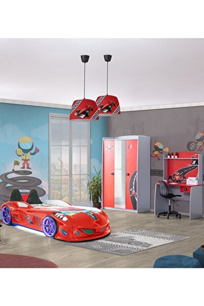 Setay Formula Genç Odası - 3 Kapılı Dolap, Jaguar Full Ledli Arabalı, Masa - Kırmızı