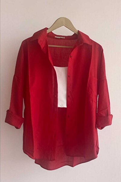 bb butik basic Oversize Keten Dokulu %100 Pamuk Salaş Gömlek Bb-ku3435