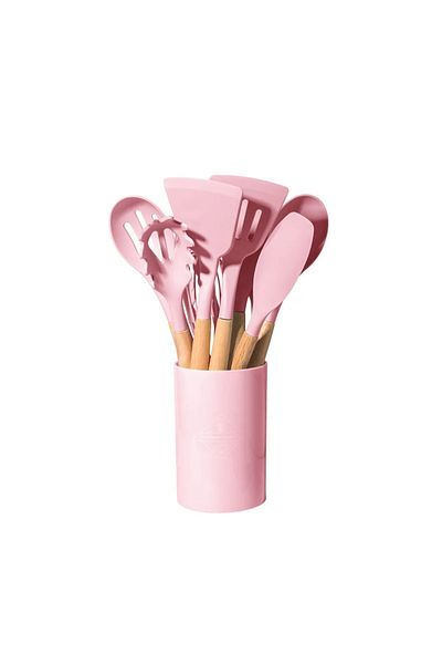 safestore 12 Pieces Wooden Handle Silicone Kitchen Pastry Silicone Ladle Beater Brush Colander Spoon Holder Tongs Spatula Set
