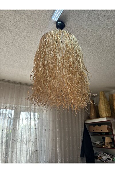 BOHEM Dekoratif doğal rafya püsküllü avize, hasır avize