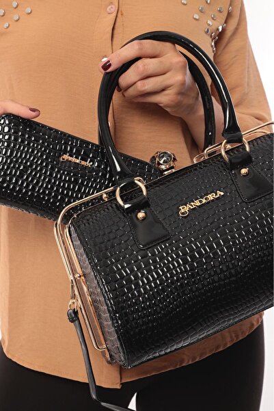 Pandora Bags مجموعة حقيبة ومحفظة من جلد التمساح الأسود اللامع