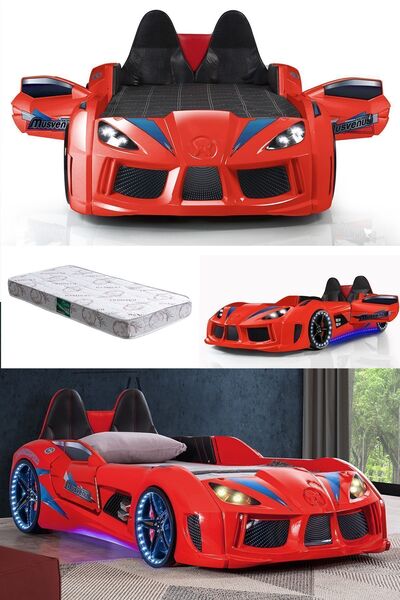 Setay Arabalı Yatak, Audi Koltuklu Full Ledli Arabalı Yatak - Kırmızı 1 Adet Comfort Yatak