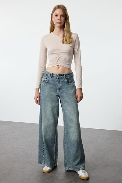 Trendyol Collection Ευέλικτη Πλεκτή Μπλούζα Crop - Χρώμα πέτρας, Λεπτομέρεια κορδονιού, Εφαρμοσμένη Twoaw20bz0505