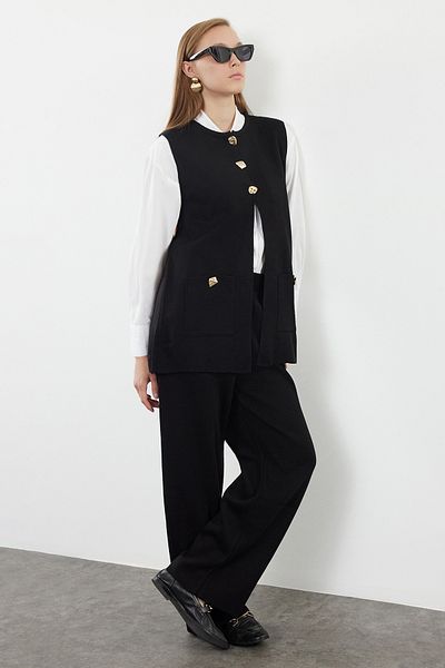 Trendyol Modest Knitwear Vest and Trousers Set - Black, Button Detail TCTAW25US00067