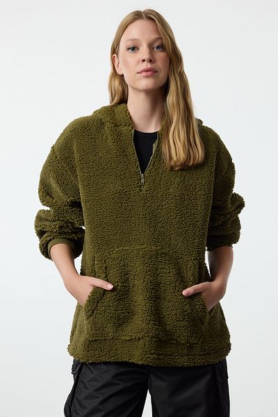 Trendyol Collection Oversize khaki plyšová pletená mikina - se zipem a kapucí TWOAW25SW00096