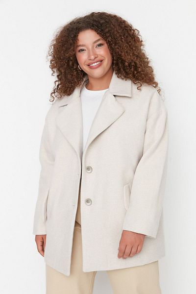Trendyol Curve Ecru Stamp Coat - Regular Fit, Zweireihiger Mantel, Wollmischung TBBAW23KB00007