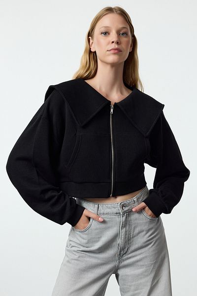 Trendyol Collection Hanorac negru tricotat cu fermoar - Potrivire obișnuită, detaliu guler TWOAW25SW00097