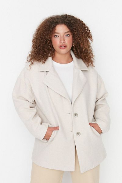 Trendyol Curve Ecru Stamp Coat - Regular Fit, Zweireihiger Mantel, Wollmischung TBBAW23KB00007