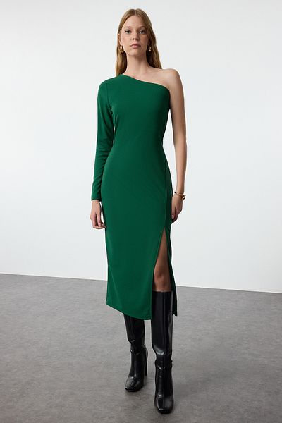 Trendyol Collection KHaki Midi kötött ruha aszimmetrikus gallérral és hasítékkal - TWOAW24EL00623