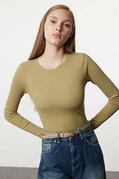 Trendyol Collection Flexible Cotton Khaki Corded Crew Neck Blouse - TWOAW24BZ00066